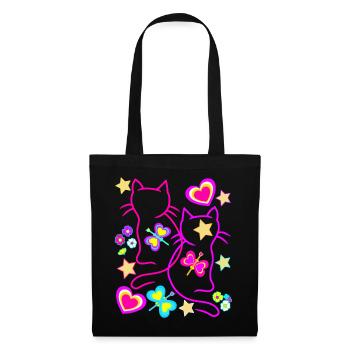 Katzen Katze Retro Vintage 80er 90er Kinder - Stoffbeutel - Schwarz - Vorne