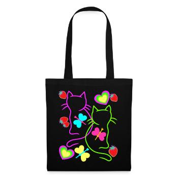 Retro Katzen Erdbeer Sommer Schmetterling Herz - Stoffbeutel - Schwarz - Vorne