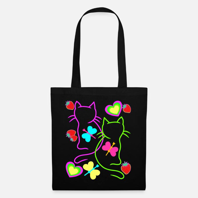 Retro Katzen Erdbeer Sommer 80er Katze Vintage - Stoffbeutel - Schwarz