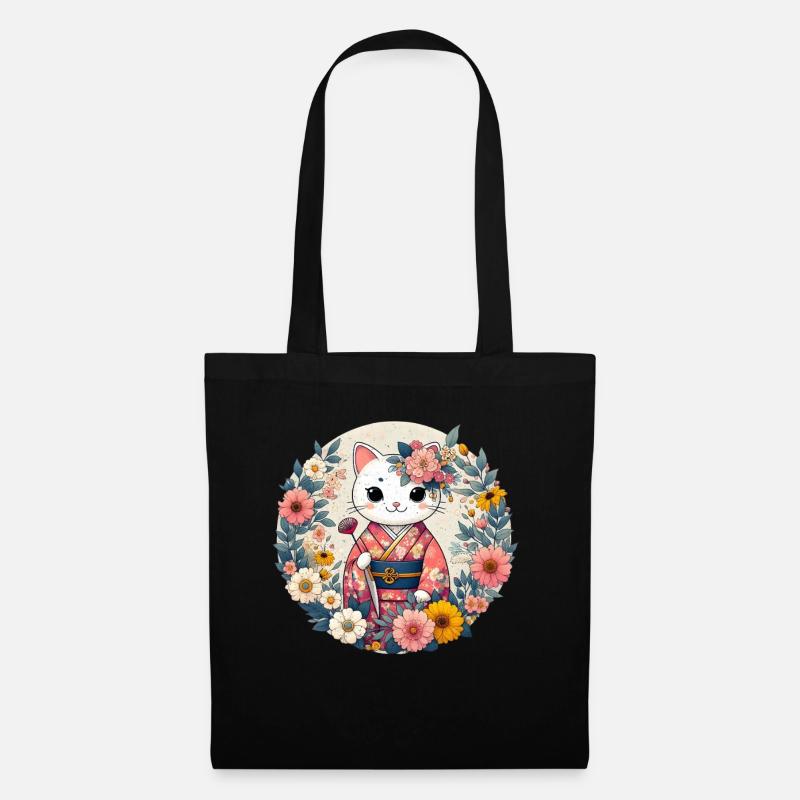 Kimono Gatto con Fiori - Borsa di stoffa - nero