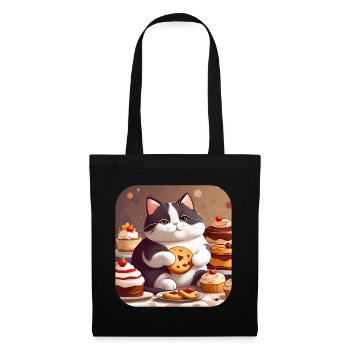 Niedliche dicke Katze mit Keksen und Kuchen - Stoffbeutel - Schwarz - Vorne