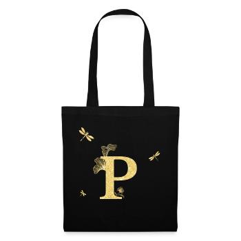Buchstabe p Gold Glitzer Libelle - Geschenkidee - Stoffbeutel - Schwarz - Vorne
