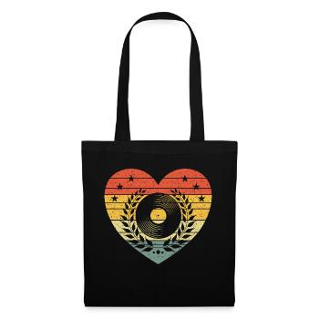 Vintage Herz mit Schallplatte – Retro Musik Design - Stoffbeutel - Schwarz - Vorne