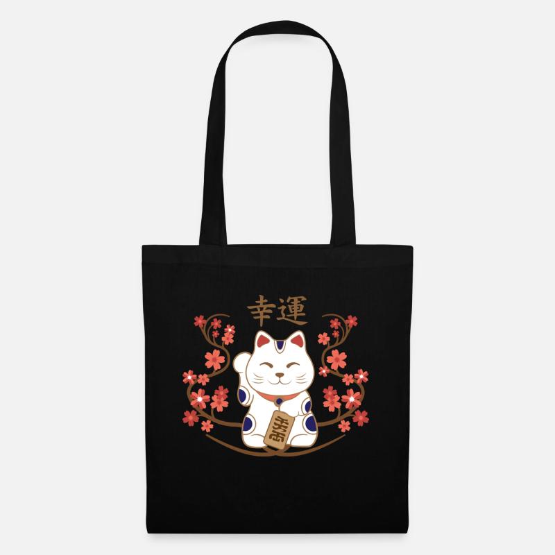 Maneki-Neko Katze mit viel Glück Kanji - Stoffbeutel - Schwarz