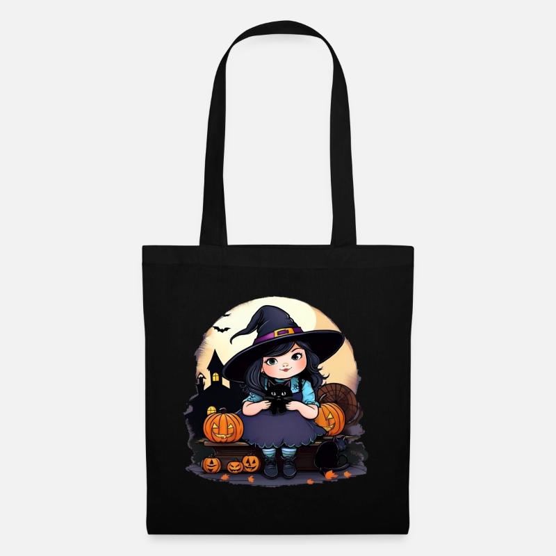Petite sorcière mignonne avec chat noir - Sac en tissu - noir