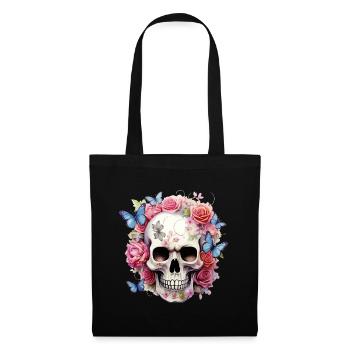 Crâne Crâne Roses Fleurs Papillons - Sac en tissu - noir - Devant