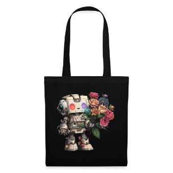 Robot avec bouquet de fleurs - Sac en tissu - noir - Devant