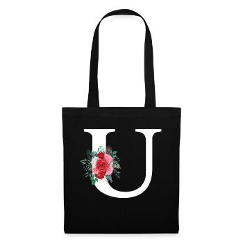 Roter floraler U-Buchstabe - Stoffbeutel - Schwarz - Vorne