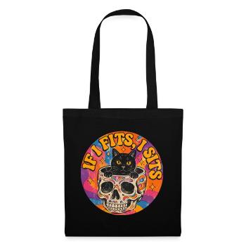 Katze im Totenkopf Oldschool Tattoo Design - Stoffbeutel - Schwarz - Vorne
