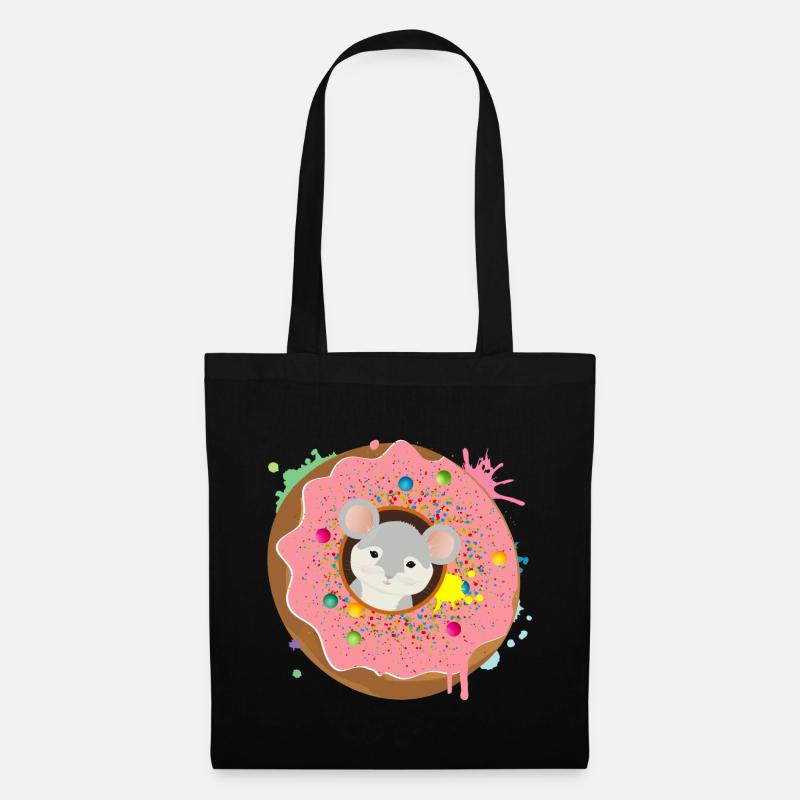 graue Maus sitzt im Donut mit rosa Glasur - Stoffbeutel - Schwarz