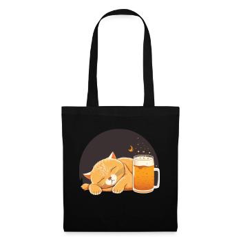 Schlafende Katze mit Bier - Stoffbeutel - Schwarz - Vorne