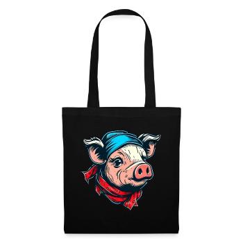 Schweinchen mit Kopftuch - Stoffbeutel - Schwarz - Vorne