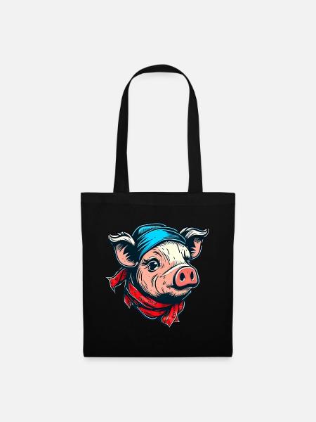 Schweinchen mit Kopftuch - Stoffbeutel - Schwarz