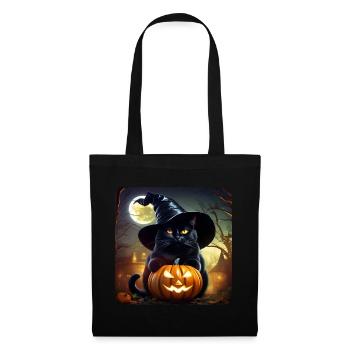 Chat noir avec chapeau magique et citrouille effrayante - Sac en tissu - noir - Devant
