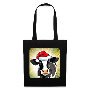 Niedliche Muh Kuh mit Weihnachtsmütze - Stoffbeutel - Schwarz - Vorne