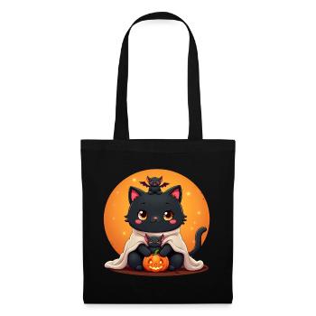 Halloween Katze mit Halloween Kürbis - Stoffbeutel - Schwarz - Vorne