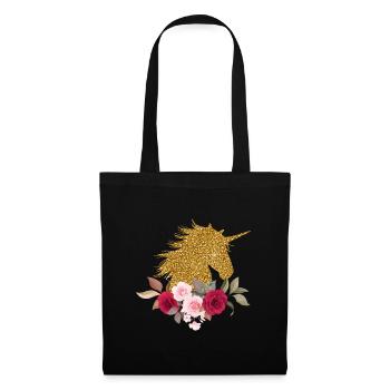 Licorne licorne paillettes d'or fleurs cadeau animal - Sac en tissu - noir - Devant