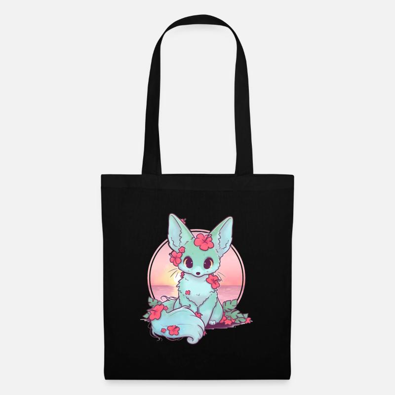 Kawaii Fox Cat am Strand - Stoffbeutel - Schwarz