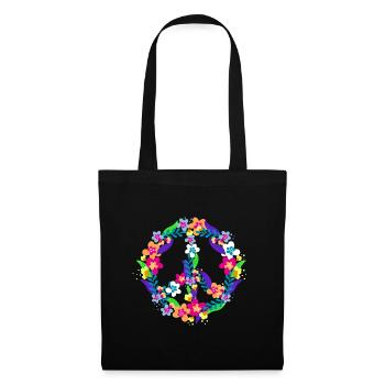 Peace Zeichen Hippie Symbol für Fieden Blüten - Stoffbeutel - Schwarz - Vorne