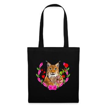Luchs Katze mit Rose für die Liebe - Stoffbeutel - Schwarz - Vorne