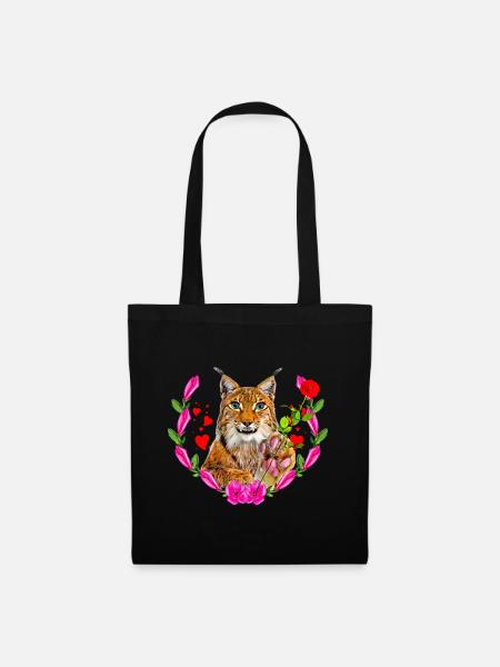 Luchs Katze mit Rose für die Liebe - Stoffbeutel - Schwarz
