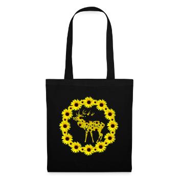 wilder Hirsch mit Sonnenblumen, Sonnenblume blumig - Stoffbeutel - Schwarz - Vorne