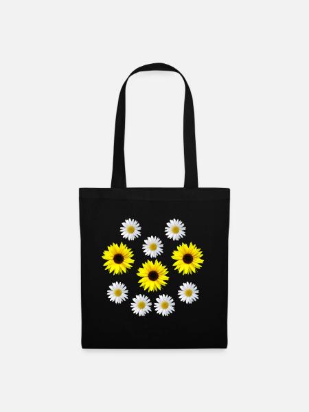 Sonnenblume und Margeriten Blüte, floral, Blume - Stoffbeutel - Schwarz