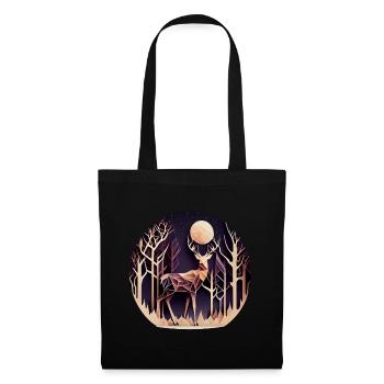 Hirsch mit Mond im Wald mit Bäumen - Papercut - Stoffbeutel - Schwarz - Vorne