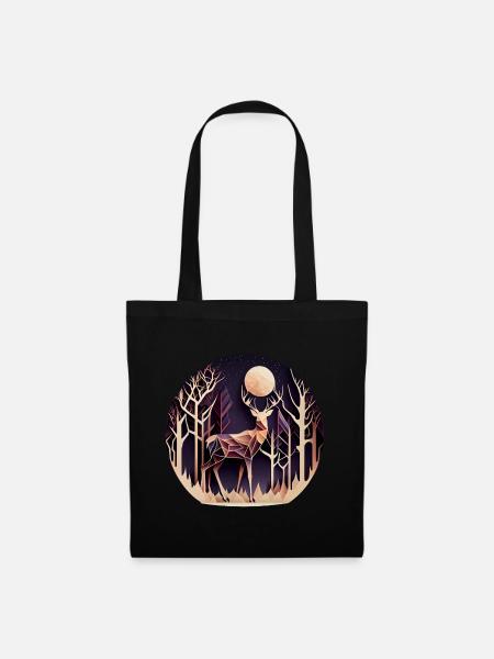 Cerf avec lune dans la forêt avec des arbres - Papercut - Sac en tissu - noir