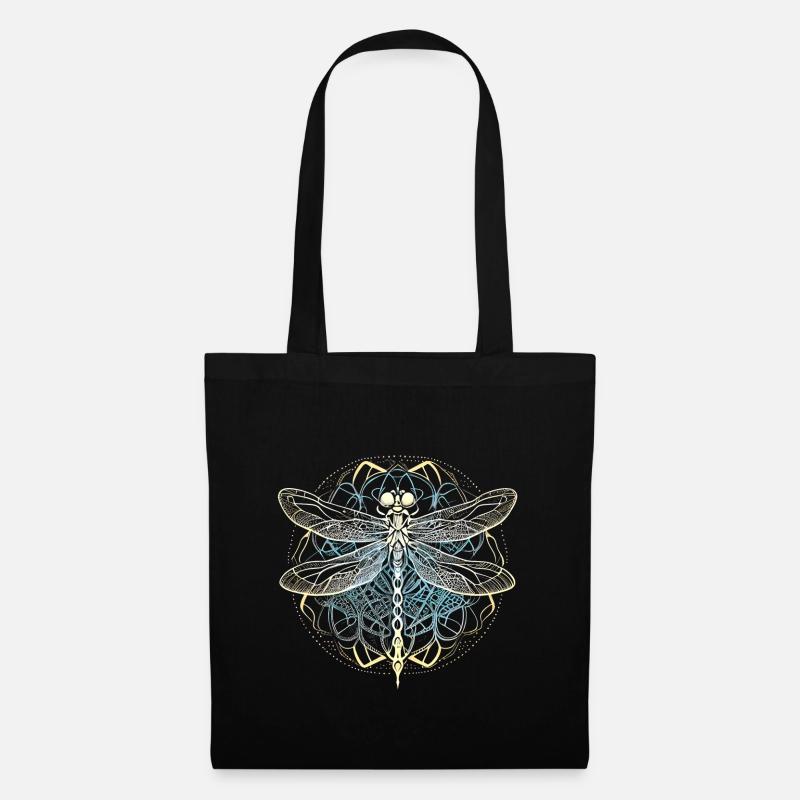 Libelle mit weißem Ornament - Heilige Geometrie - Stoffbeutel - Schwarz