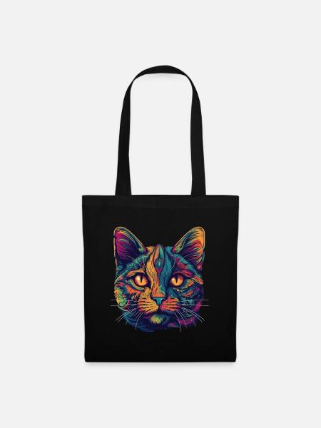 Psychedelisches Katzengesicht mit bunten Mustern - Stoffbeutel - Schwarz