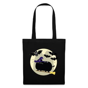 Katzen Hexe und Fledermäuse im Vollmond Halloween - Stoffbeutel - Schwarz - Vorne