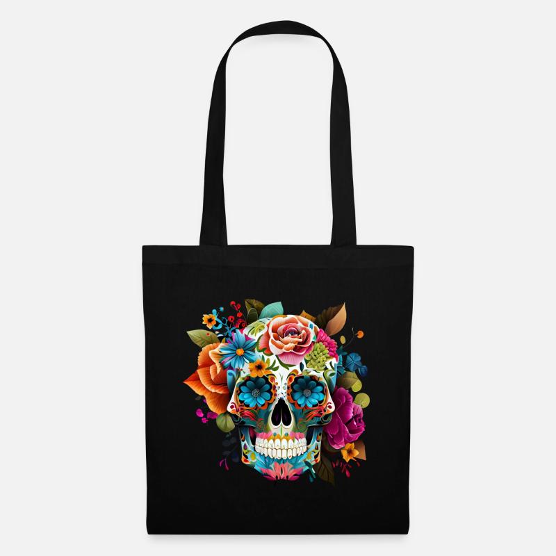Bunter Sugar Skull Totenkopf mit Batik-Bandana - Stoffbeutel - Schwarz