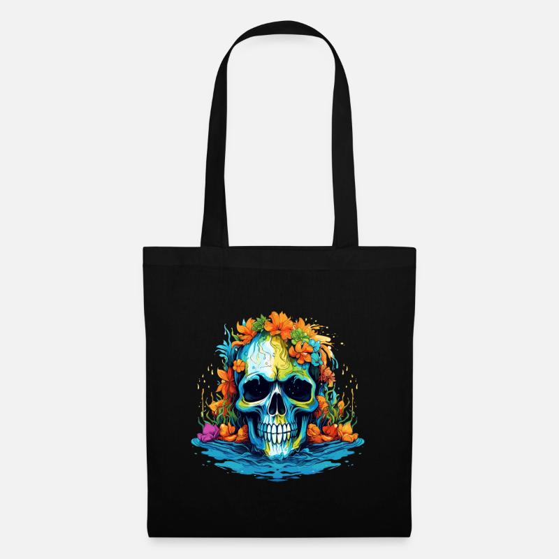 Tropischer Blüten-Totenkopf - Stoffbeutel - Schwarz