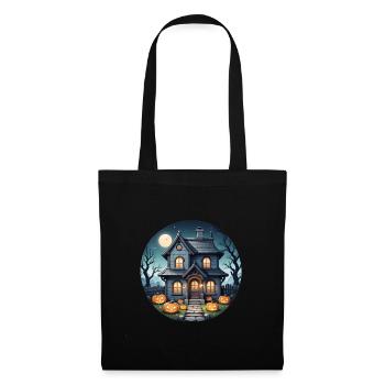 Halloween Spukhaus bei Vollmond und Kürbisse - Stoffbeutel - Schwarz - Vorne