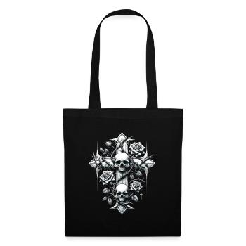 Croix, Vie, Mort, Épines, Roses, Crâne - Sac en tissu - noir - Devant