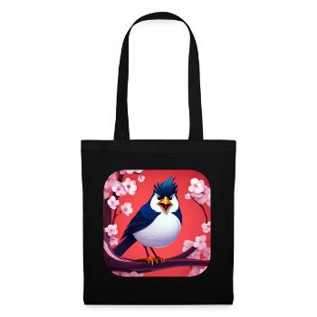 Drôle de petit oiseau avec des fleurs de cerisier - Sac en tissu - noir - Devant