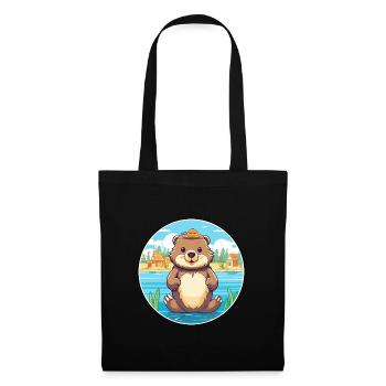 Biber Aquarell Cartoon Kawaii Clipart Tier - Stoffbeutel - Schwarz - Vorne