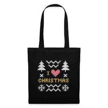 Festliches Strickherz mit Weihnachtsbäumen - Stoffbeutel - Schwarz - Vorne