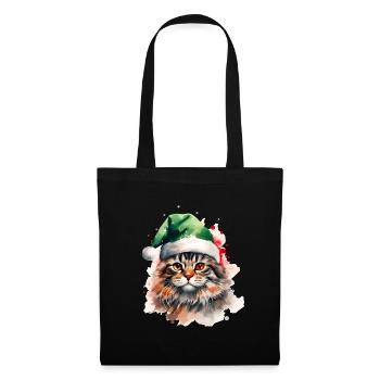 Aquarell Katze mit grüner Weihnachtsmannmütze - Stoffbeutel - Schwarz - Vorne