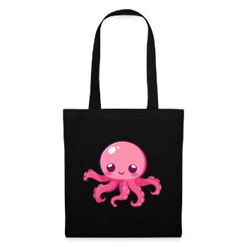 Oktopus Niedlich Glücklich Kawaii Cartoon Clipart Tier - Stoffbeutel - Schwarz - Vorne
