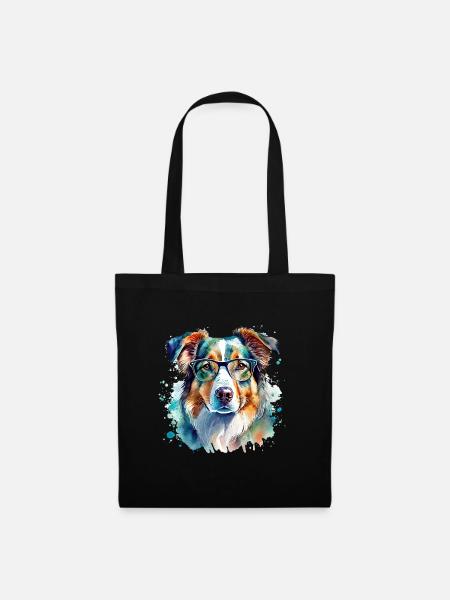Australian Shepherd mit Brille Aquarell - Stoffbeutel - Schwarz