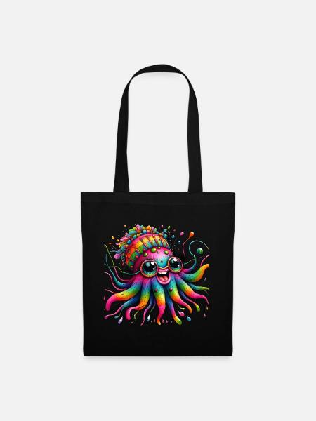 Krake Qualle Meer bunte Tiere Hippie - Stoffbeutel - Schwarz