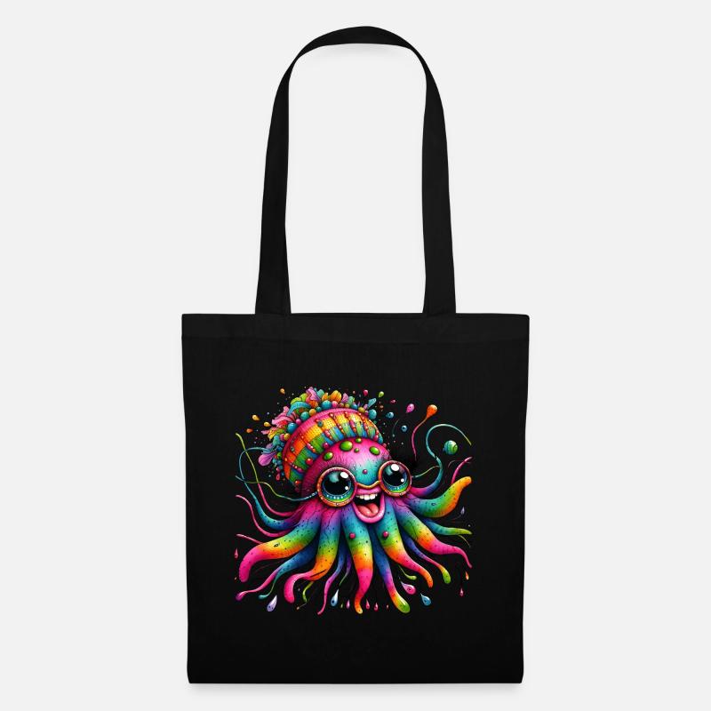 Krake Qualle Meer bunte Tiere Hippie - Stoffbeutel - Schwarz