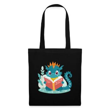 Kleiner Drache mit Buch - Stoffbeutel - Schwarz - Vorne