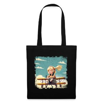 Girl Sitting on a Biplane | Fantasy - Tote Bag - black - Front