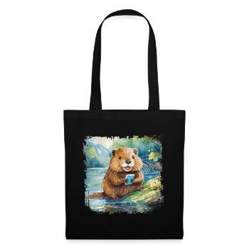 Cute young beaver with mobile phone - Tote Bag - black - Front
