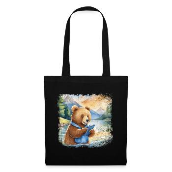 Cute young brown bear with mobile phone - Tote Bag - black - Front