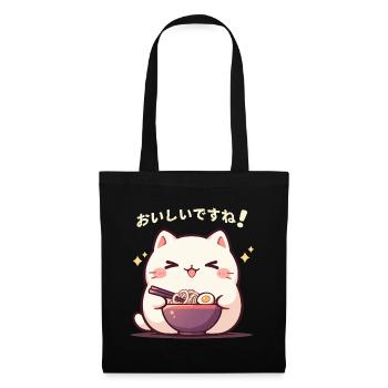 Katze isst Ramen - Stoffbeutel - Schwarz - Vorne