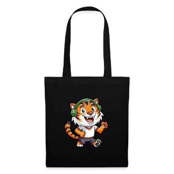Tiger Lustige Zeichentrickfigur Kopfhörer Musik - Stoffbeutel - Schwarz - Vorne
